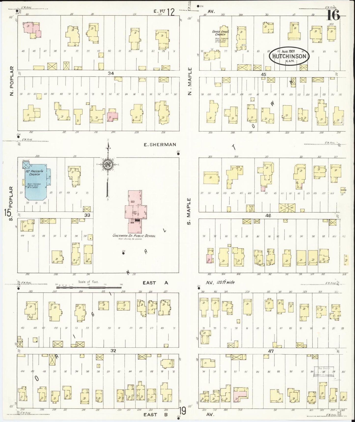 Sanborn Fire Insurance Map from Hutchinson, Reno County, Kansas (1909), Sheet #0016 - Historic Sanborn Fire Insurance Map Print, vintage old map wall art, antique decor, genealogy gift, Kansas Kansas map