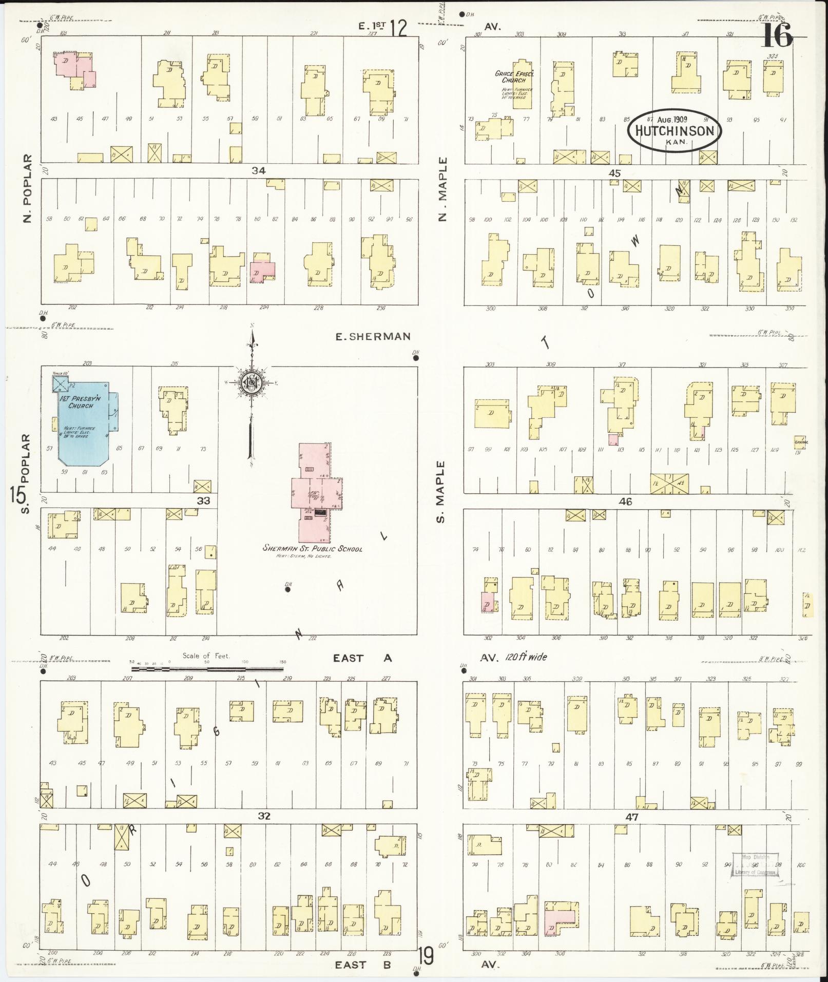 Sanborn Fire Insurance Map from Hutchinson, Reno County, Kansas (1909), Sheet #0016 - Historic Sanborn Fire Insurance Map Print, vintage old map wall art, antique decor, genealogy gift, Kansas Kansas map