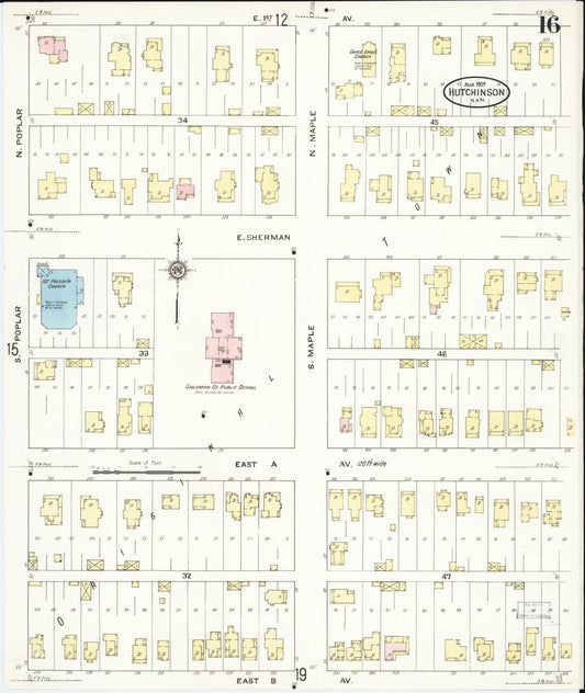 Sanborn Fire Insurance Map from Hutchinson, Reno County, Kansas (1909), Sheet #0016 - Historic Sanborn Fire Insurance Map Print, vintage old map wall art, antique decor, genealogy gift, Kansas Kansas map