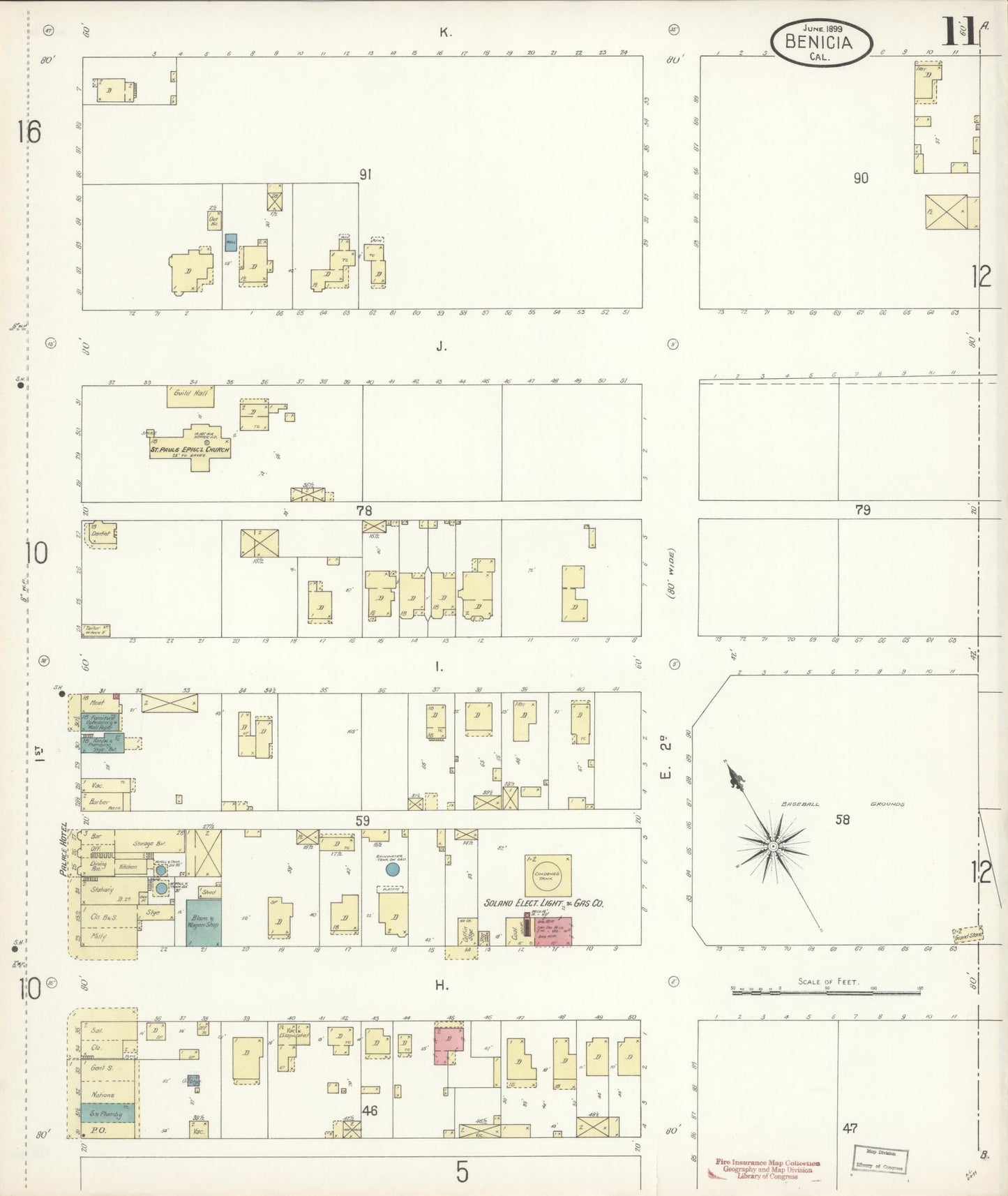 Sanborn Fire Insurance Map from Benicia, Solano County, California (1899), Sheet #0011 - Historic Sanborn Fire Insurance Map Print, vintage old map wall art, antique decor, genealogy gift, California California map