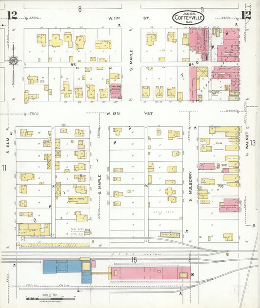 Sanborn Fire Insurance Map from Coffeyville, Montgomery County, Kansas (1923), Sheet #0012 - Historic Sanborn Fire Insurance Map Print, vintage old map wall art, antique decor, genealogy gift, Kansas Kansas map