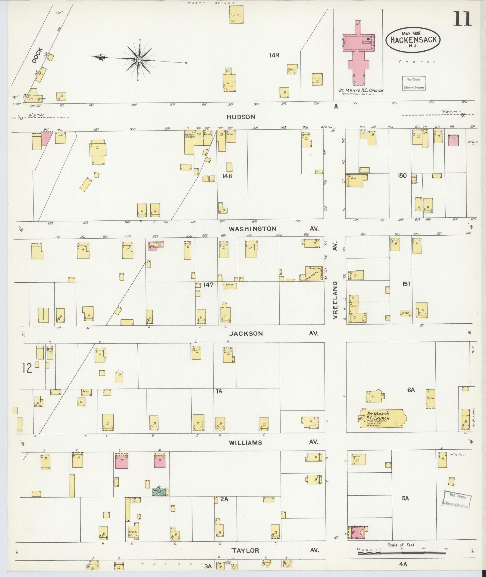 Sanborn Fire Insurance Map from Hackensack, Bergen County, New Jersey (1908), Sheet #0011 - Historic Sanborn Fire Insurance Map Print, vintage old map wall art, antique decor, genealogy gift, New Jersey New Jersey map