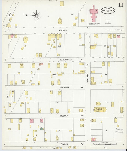 Sanborn Fire Insurance Map from Hackensack, Bergen County, New Jersey (1908), Sheet #0011 - Historic Sanborn Fire Insurance Map Print, vintage old map wall art, antique decor, genealogy gift, New Jersey New Jersey map