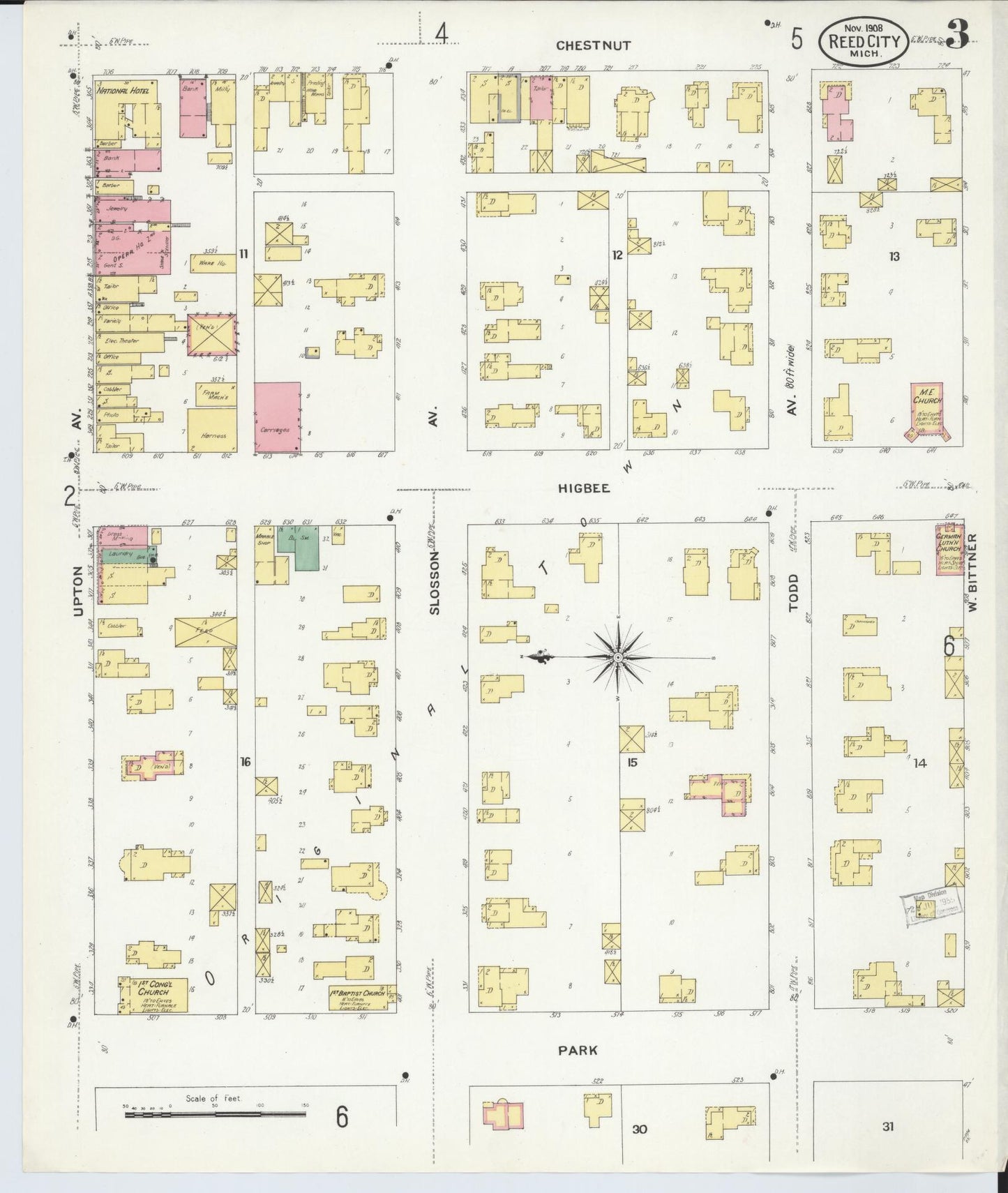 Sanborn Fire Insurance Map from Reed City, Osceola County, Michigan (1908), Sheet #0003 - Complete Map Set gallery image, historic Sanborn map, vintage wall art, Michigan Michigan