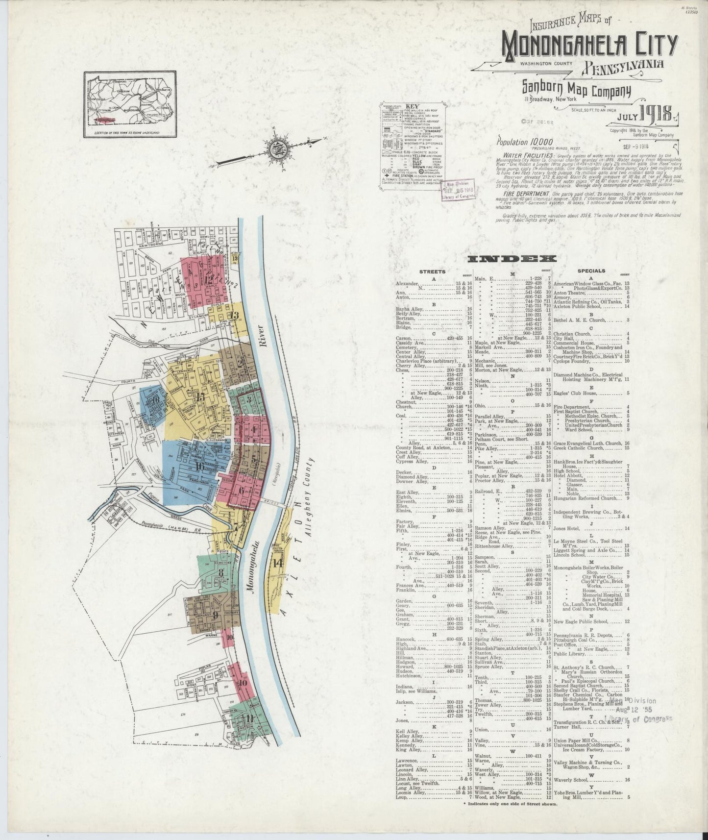 Sanborn Fire Insurance Map from Monongahela City, Washington County, Pennsylvania (1918), Sheet #0001 - Historic Sanborn Fire Insurance Map Print, vintage old map wall art, antique decor, genealogy gift, Pennsylvania Pennsylvania map
