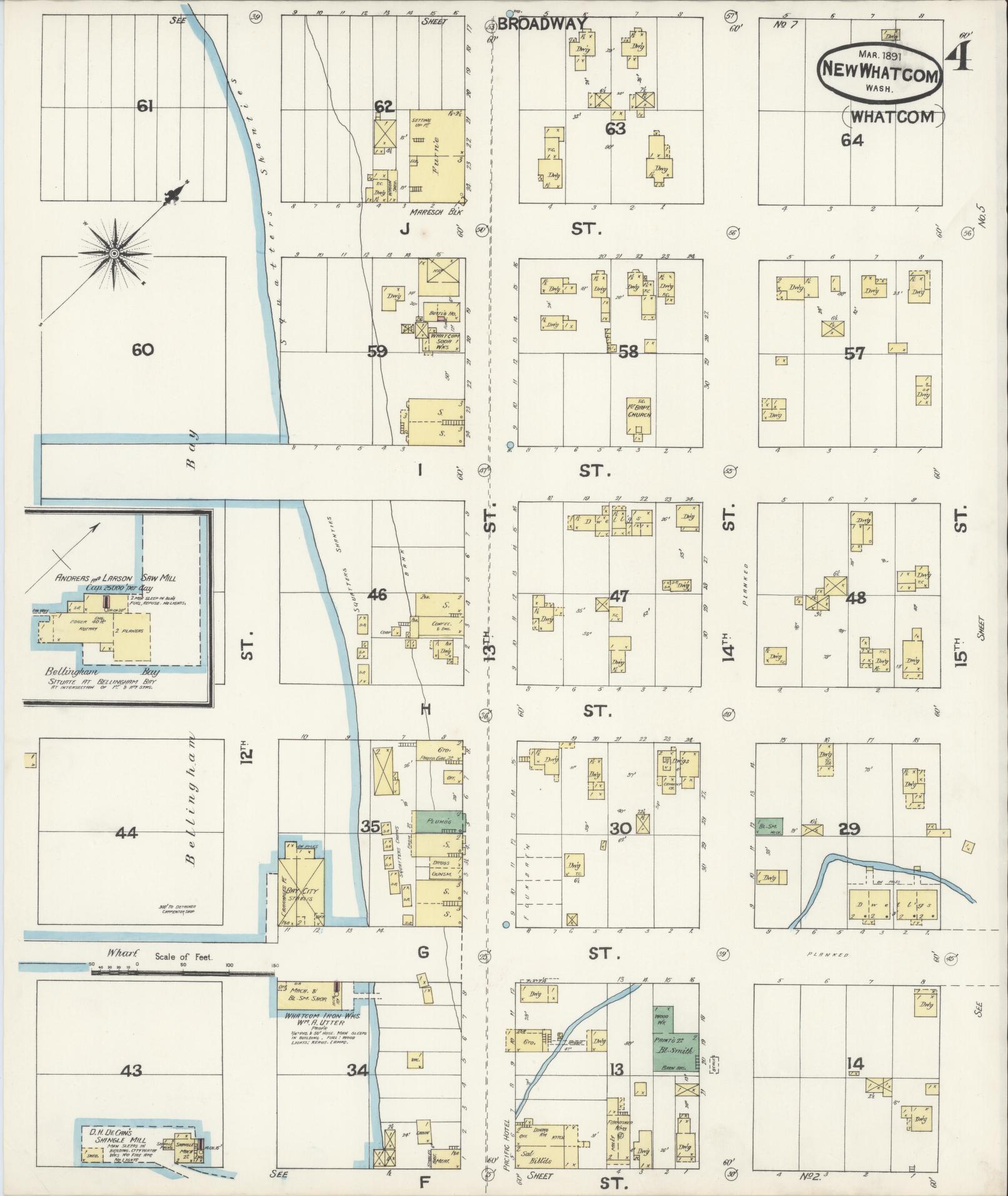 Sanborn Fire Insurance Map from New Whatcom, Whatcom County, Washington (1891), Sheet #0004 - Complete Map Set gallery image, historic Sanborn map, vintage wall art, Washington Washington