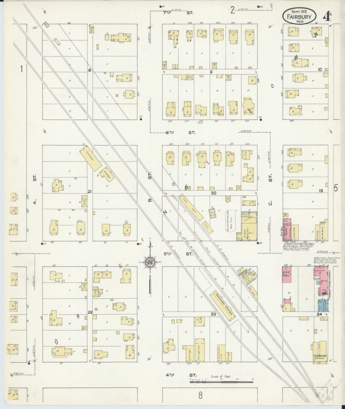 Sanborn Fire Insurance Map from Fairbury, Jefferson County, Nebraska (1912), Sheet #0004 - Complete Map Set gallery image, historic Sanborn map, vintage wall art, Nebraska Nebraska