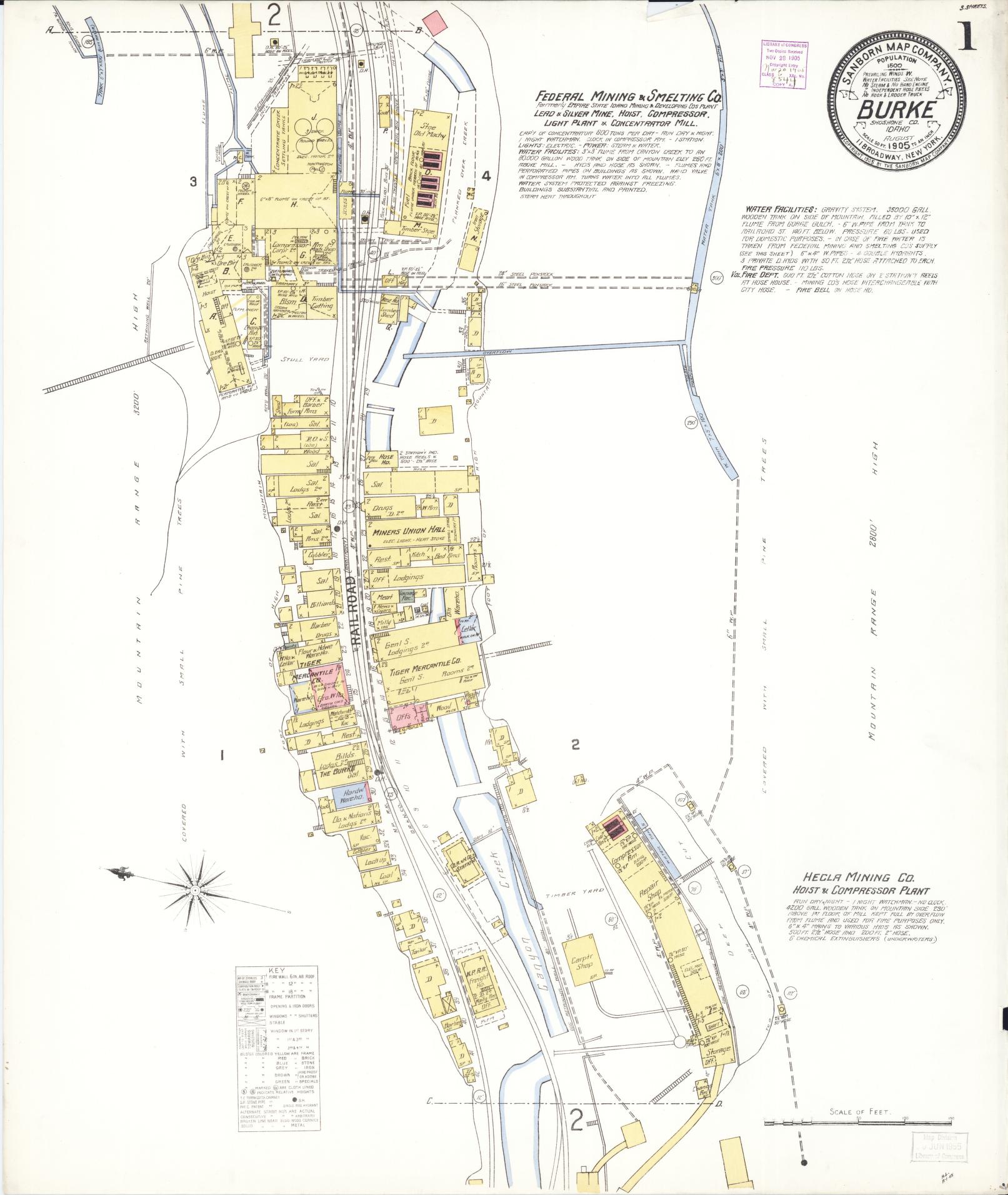 Sanborn Fire Insurance Map from Burke, Shoshone County, Idaho (1905), Sheet #0001 - Historic Sanborn Fire Insurance Map Print, vintage old map wall art, antique decor, genealogy gift, Idaho Idaho map
