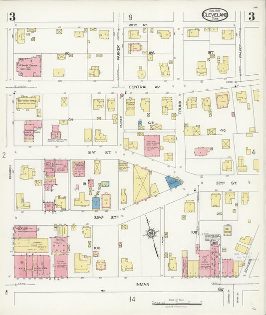 Sanborn Fire Insurance Map from Cleveland, Bradley County, Tennessee (1925), Sheet #0003 - Historic Sanborn Fire Insurance Map Print, vintage old map wall art, antique decor, genealogy gift, Tennessee Tennessee map