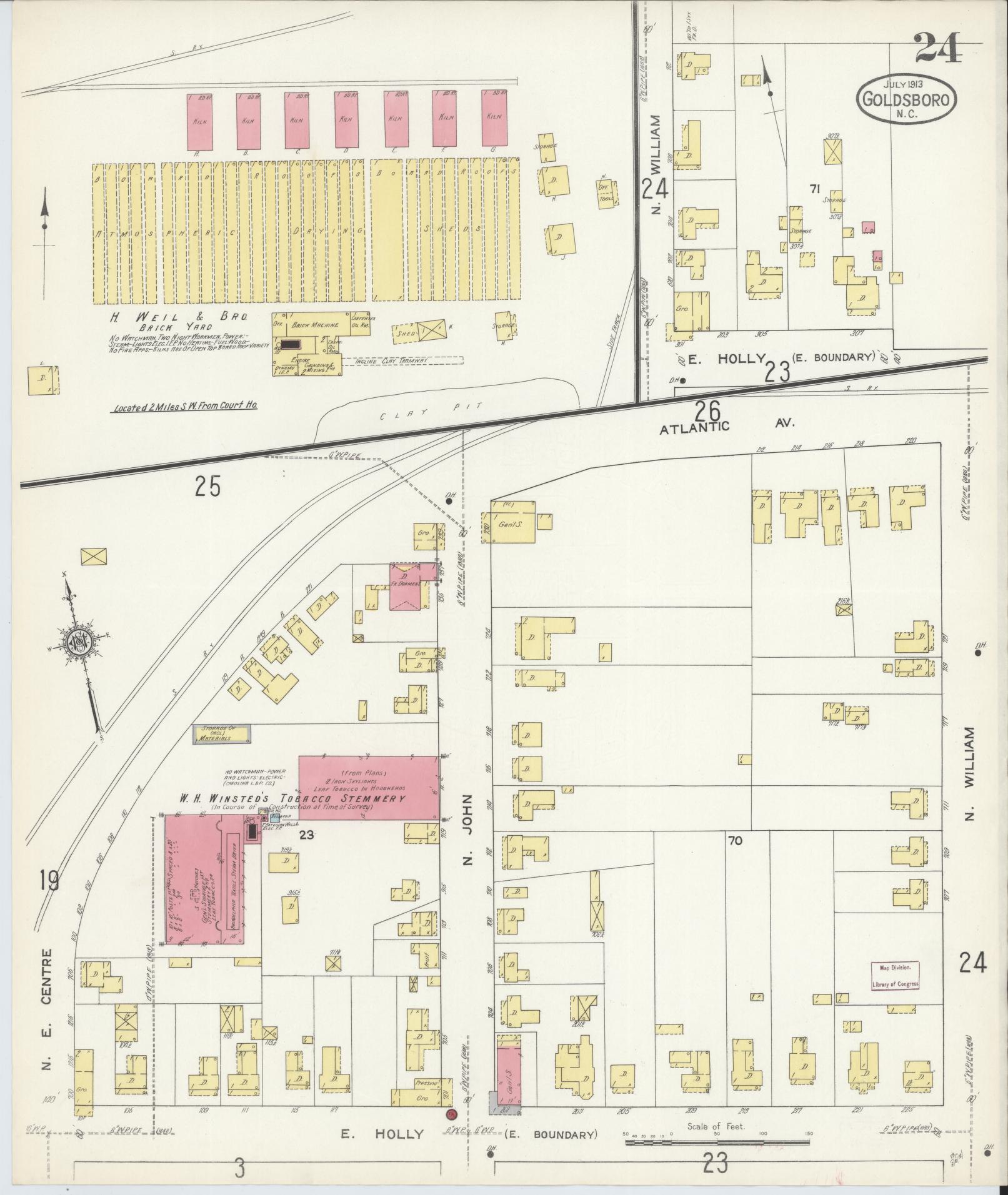 Sanborn Fire Insurance Map from Goldsboro, Wayne County, North Carolina (1913), Sheet #0024 - Complete Map Set gallery image, historic Sanborn map, vintage wall art, North Carolina North Carolina