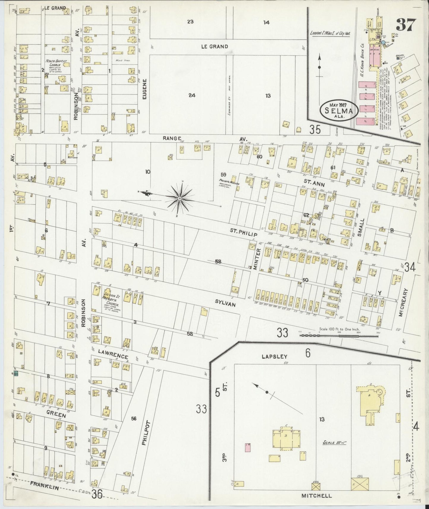 Sanborn Fire Insurance Map from Selma, Dallas County, Alabama (1907), Sheet #0037 - Complete Map Set gallery image, historic Sanborn map, vintage wall art, Alabama Alabama
