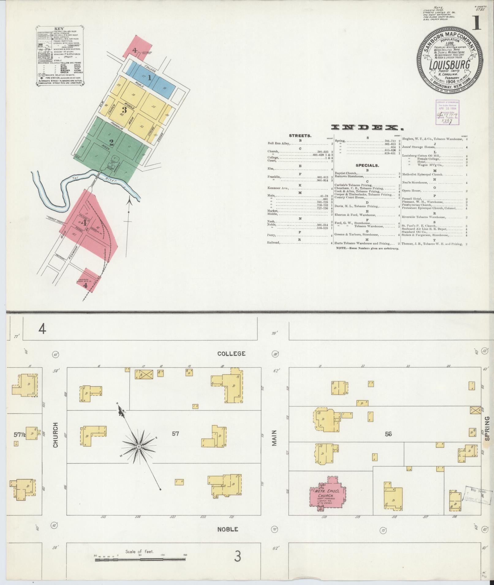 Sanborn Fire Insurance Map from Louisburg, Franklin County, North Carolina (1904), Sheet #0001 - Complete Map Set gallery image, historic Sanborn map, vintage wall art, North Carolina North Carolina