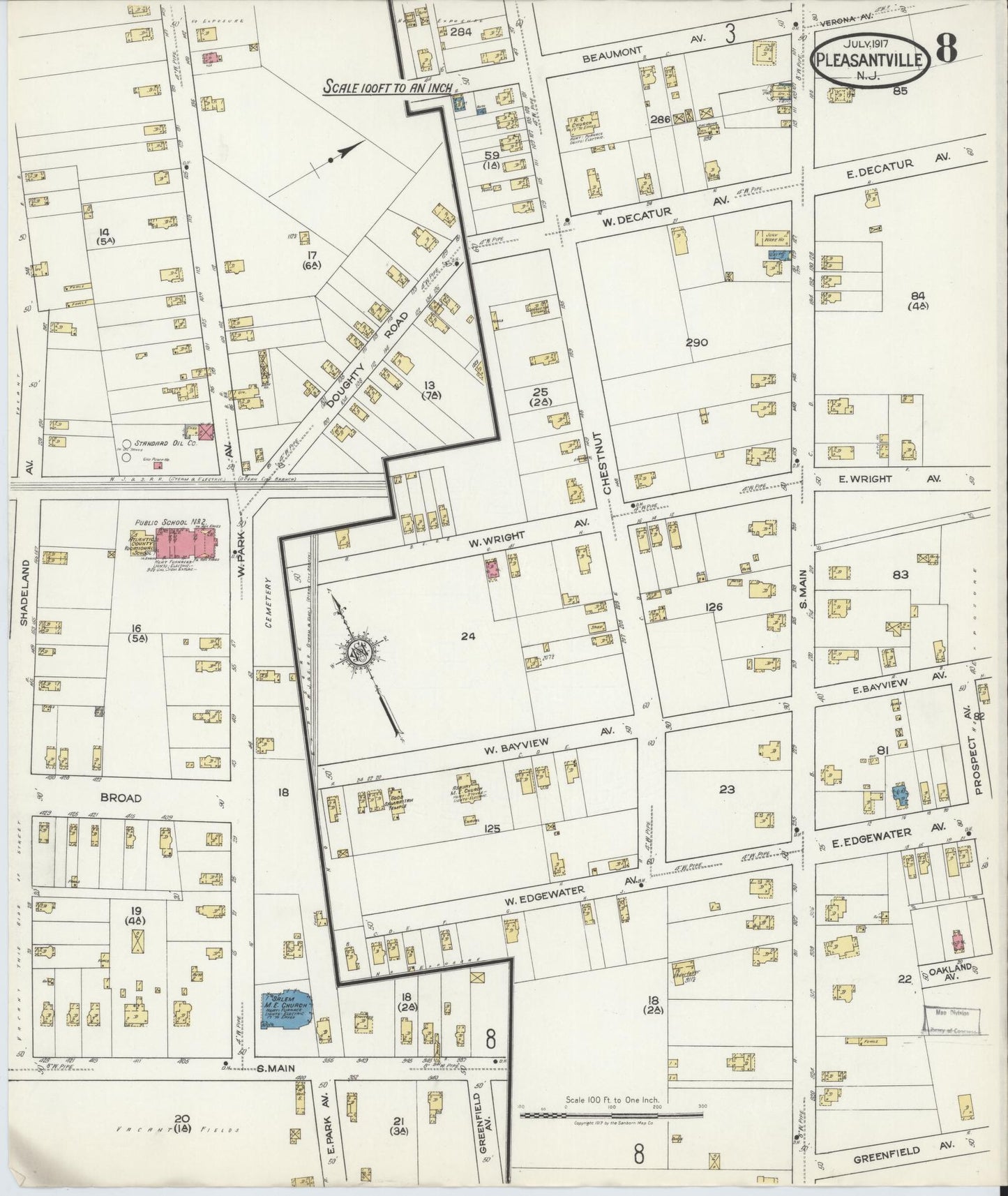 Sanborn Fire Insurance Map from Pleasantville, Atlantic County, New Jersey (1917), Sheet #0008 - Historic Sanborn Fire Insurance Map Print, vintage old map wall art, antique decor, genealogy gift, New Jersey New Jersey map