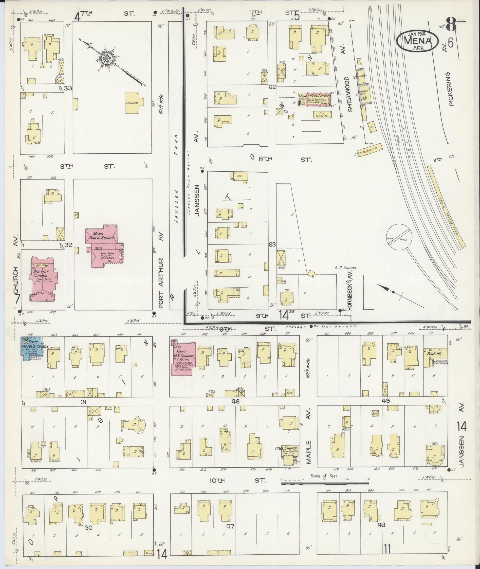 Sanborn Fire Insurance Map from Mena, Polk County, Arkansas (1914), Sheet #0008 - Historic Sanborn Fire Insurance Map Print, vintage old map wall art, antique decor, genealogy gift, Arkansas Arkansas map