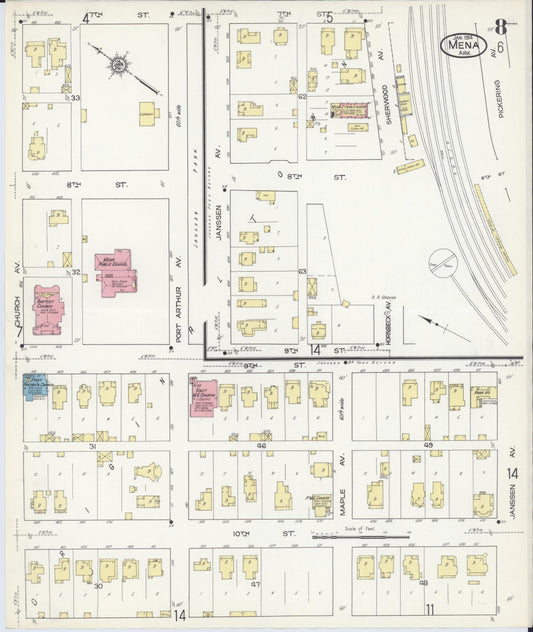 Sanborn Fire Insurance Map from Mena, Polk County, Arkansas (1914), Sheet #0008 - Historic Sanborn Fire Insurance Map Print, vintage old map wall art, antique decor, genealogy gift, Arkansas Arkansas map