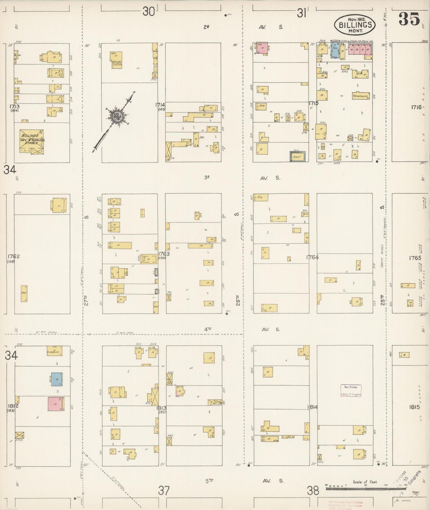 Sanborn Fire Insurance Map from Billings, Yellowstone County, Montana (1912), Sheet #0035 - Historic Sanborn Fire Insurance Map Print, vintage old map wall art, antique decor, genealogy gift, Montana Montana map