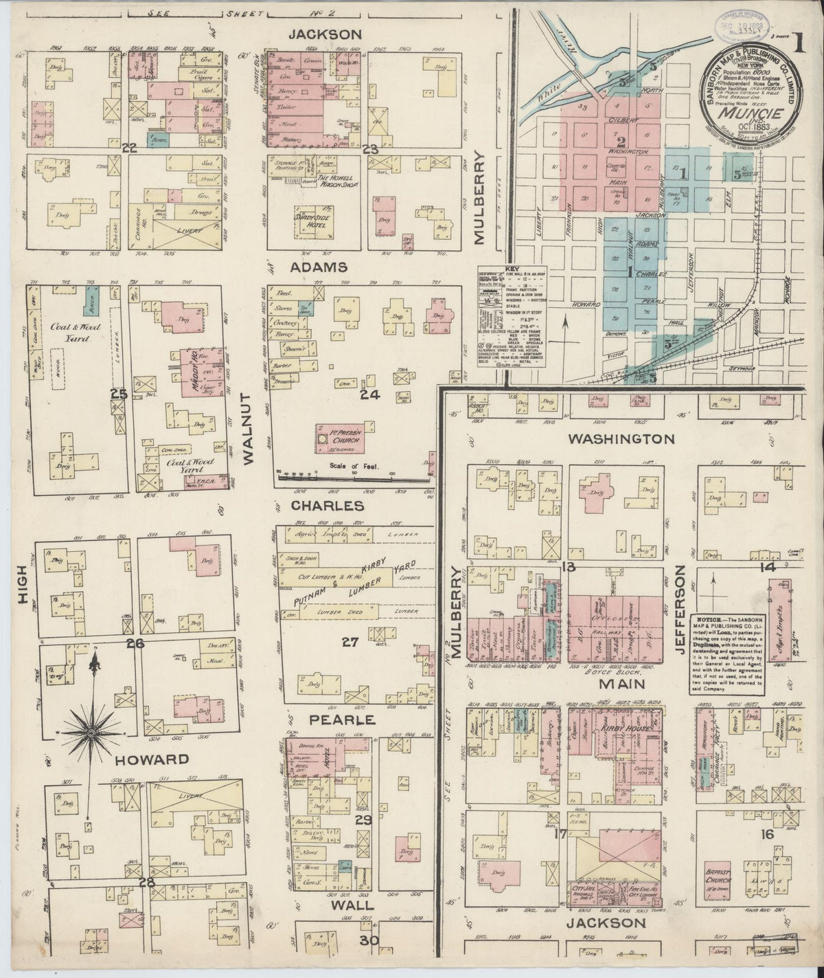 Sanborn Fire Insurance Map from Muncie, Delaware County, Indiana (1883), Sheet #0001 - Historic Sanborn Fire Insurance Map Print, vintage old map wall art, antique decor, genealogy gift, Muncie Delaware map
