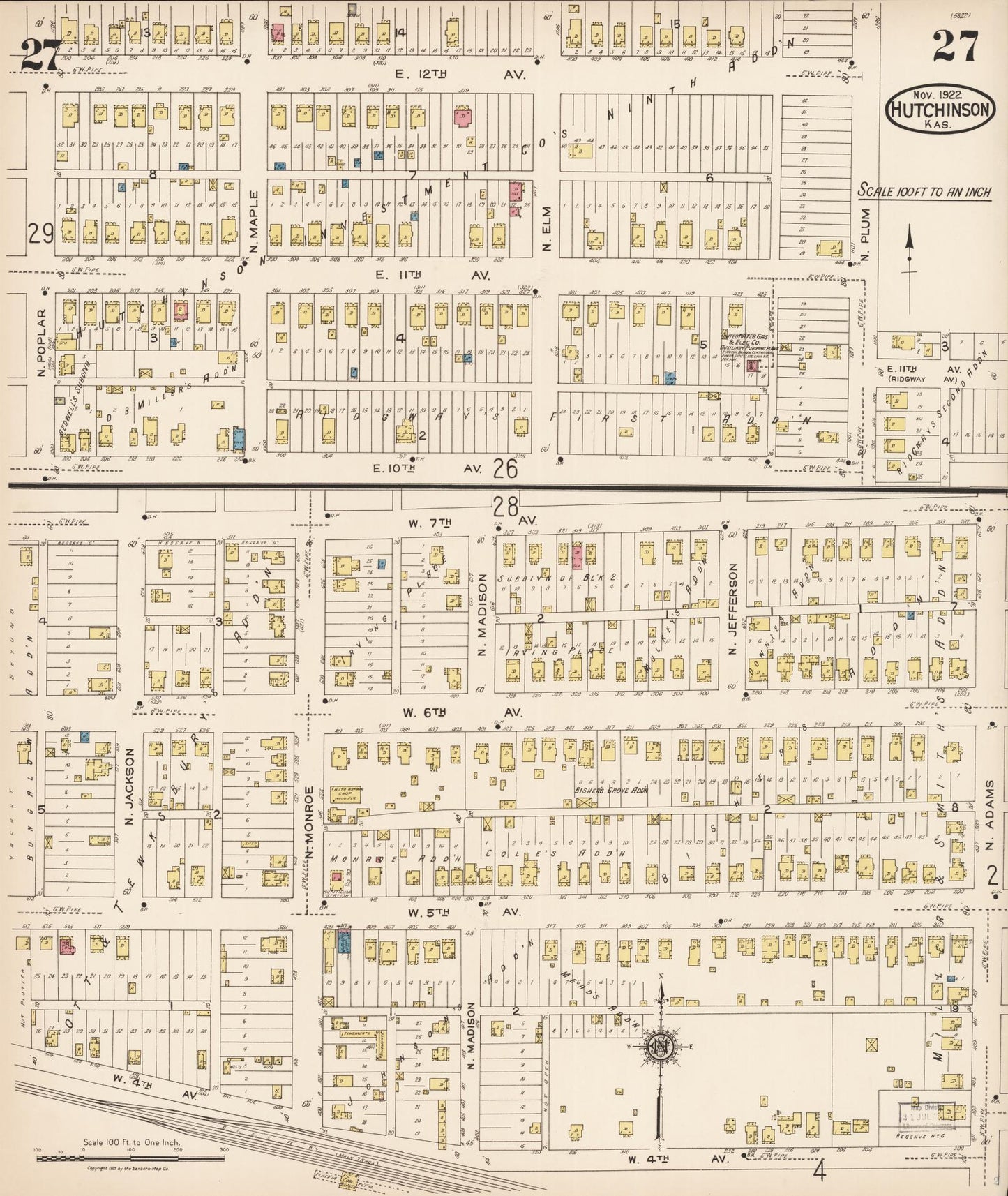 Sanborn Fire Insurance Map from Hutchinson, Reno County, Kansas (1922), Sheet #0028 - Complete Map Set gallery image, historic Sanborn map, vintage wall art, Kansas Kansas