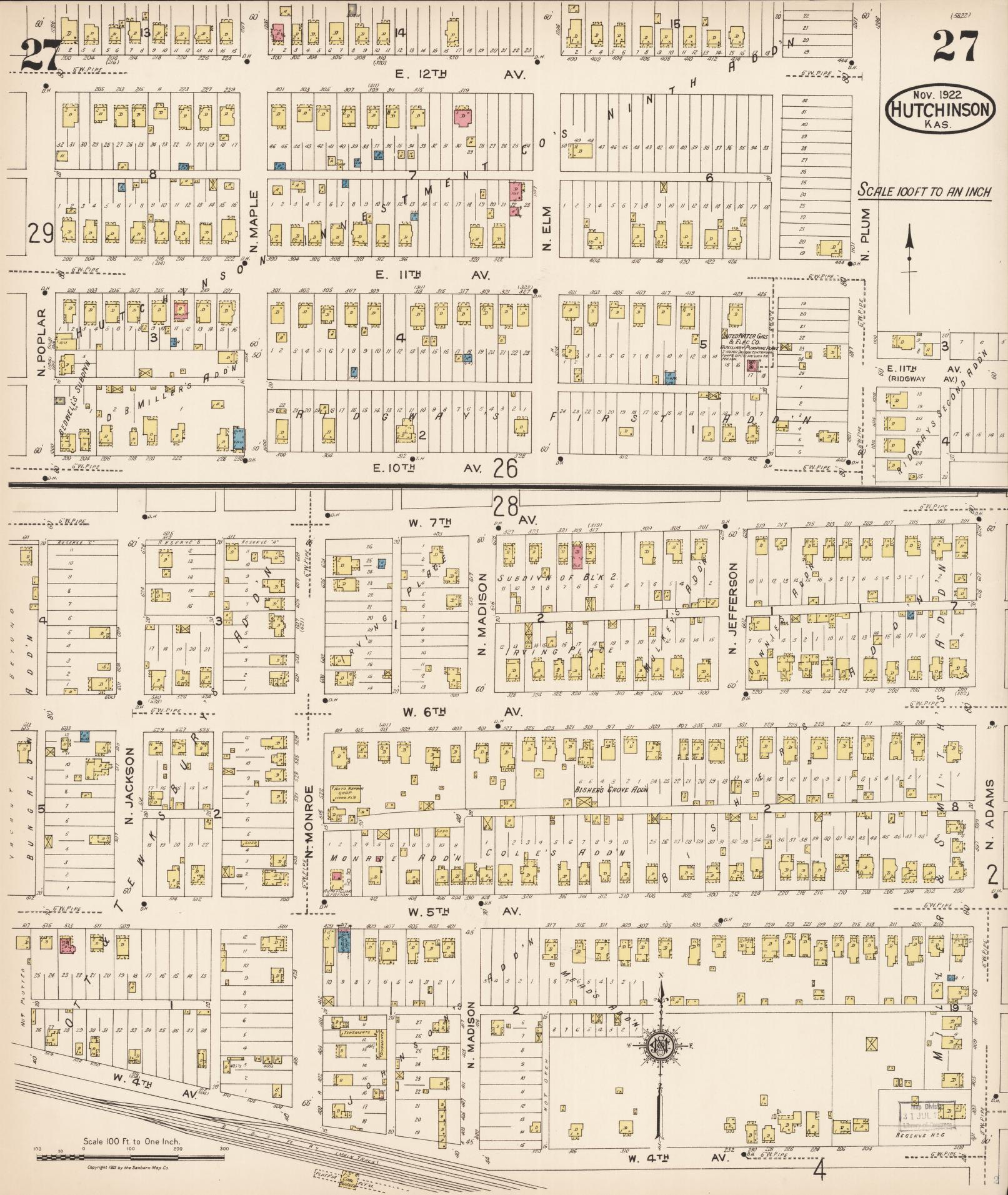 Sanborn Fire Insurance Map from Hutchinson, Reno County, Kansas (1922), Sheet #0028 - Complete Map Set gallery image, historic Sanborn map, vintage wall art, Kansas Kansas