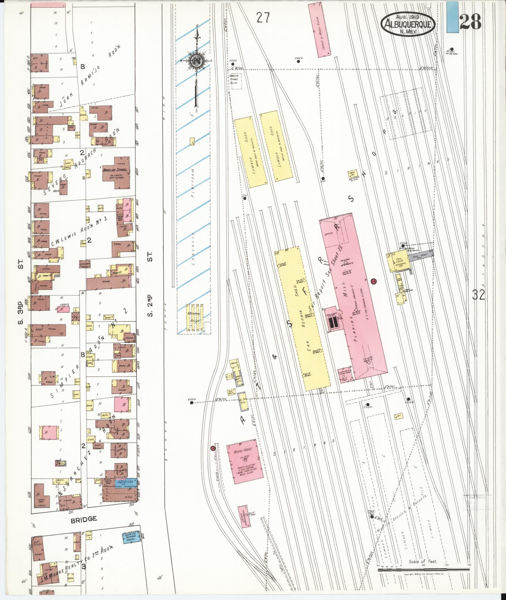 Sanborn Fire Insurance Map from Albuquerque, Bernalillo County, New Mexico (1919), Sheet #0028 - Historic Sanborn Fire Insurance Map Print, vintage old map wall art, antique decor, genealogy gift, New Mexico New Mexico map