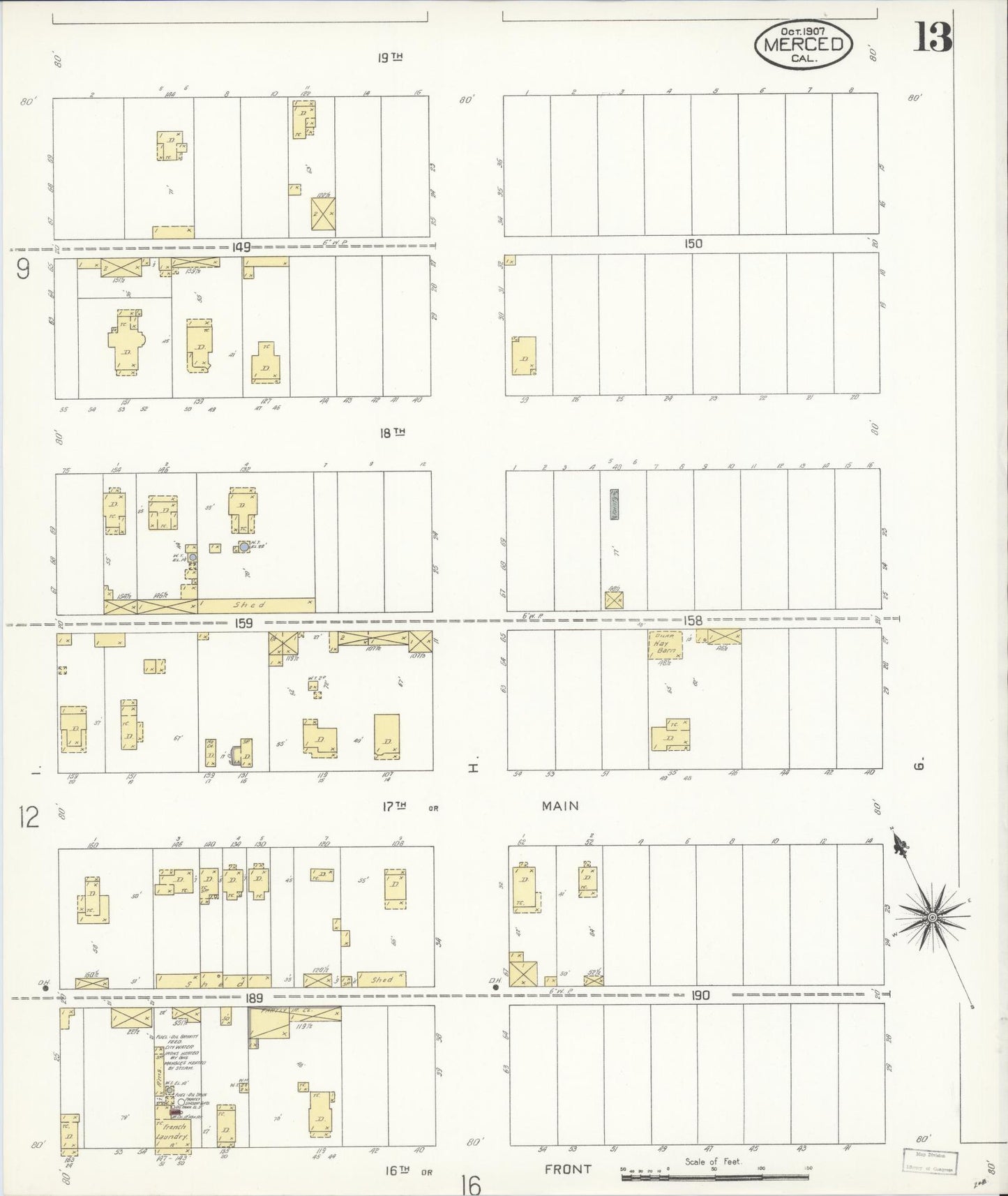 Sanborn Fire Insurance Map from Merced, Merced County, California (1907), Sheet #0013 - Complete Map Set gallery image, historic Sanborn map, vintage wall art, California California