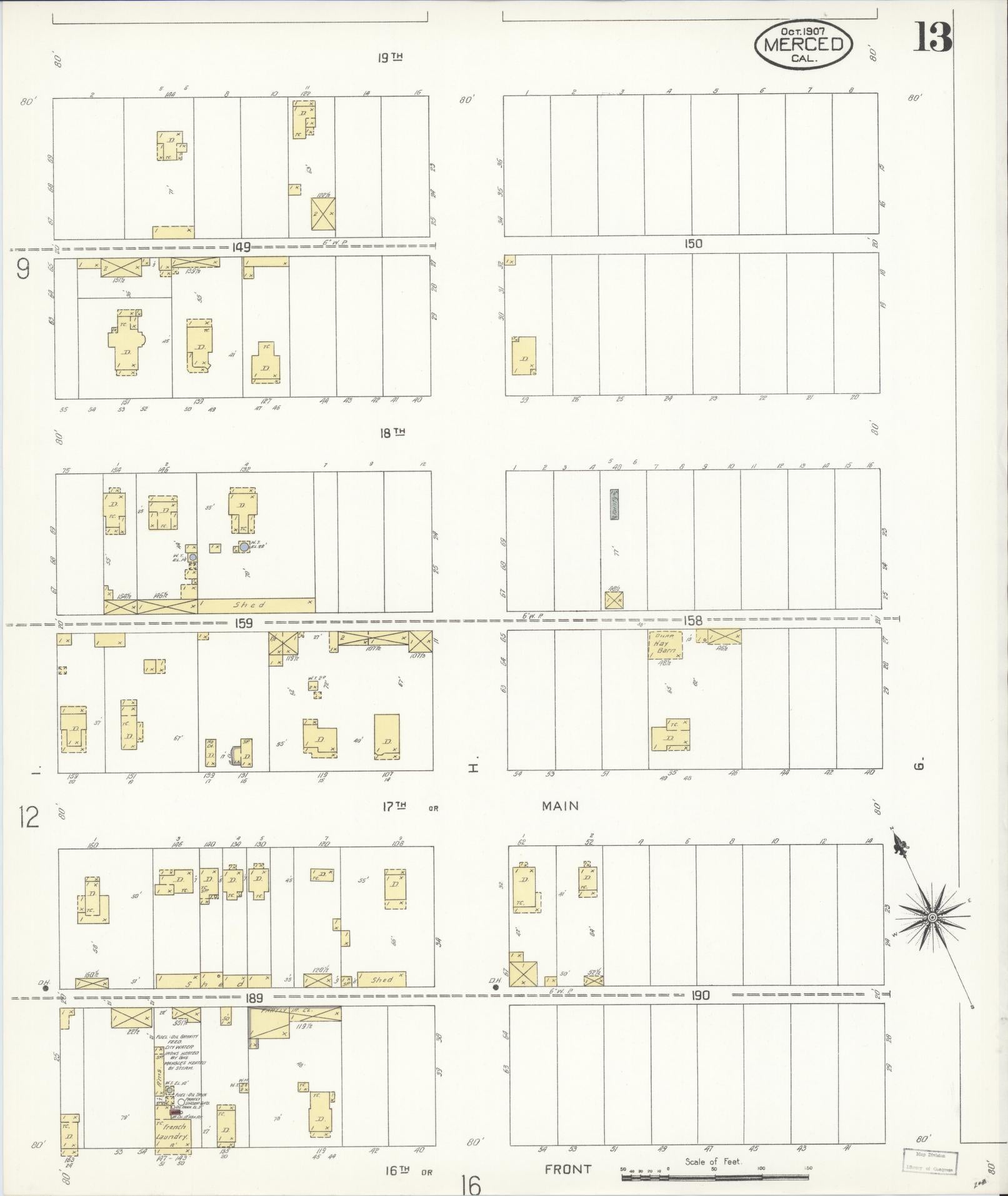 Sanborn Fire Insurance Map from Merced, Merced County, California (1907), Sheet #0013 - Complete Map Set gallery image, historic Sanborn map, vintage wall art, California California