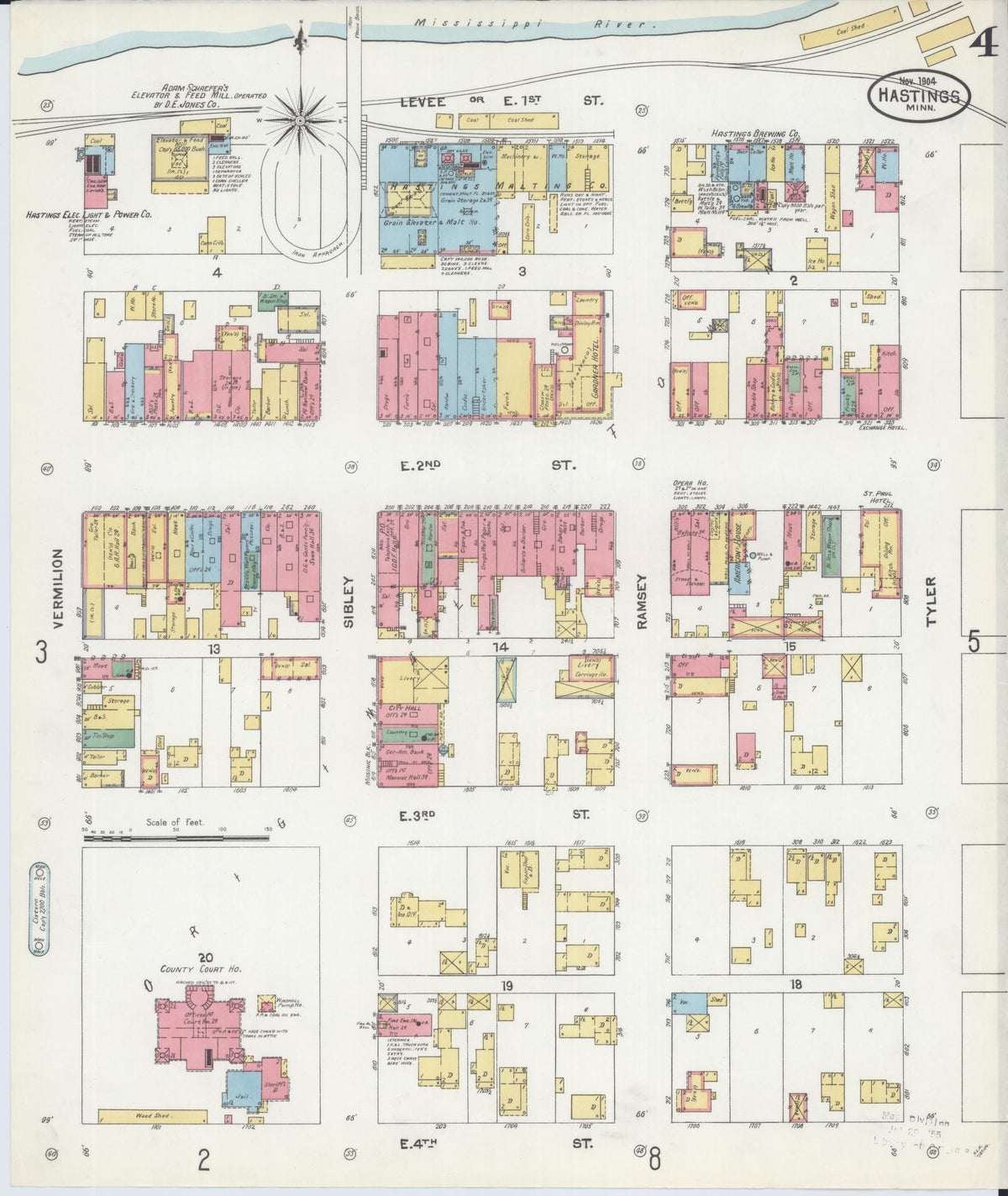 Sanborn Fire Insurance Map from Hastings, Dakota County, Minnesota (1904), Sheet #0004 - Complete Map Set gallery image, historic Sanborn map, vintage wall art, Minnesota Minnesota