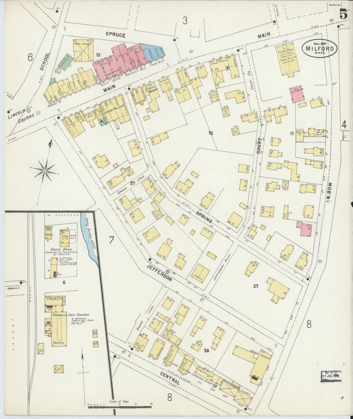 Sanborn Fire Insurance Map from Milford, Worcester County, Massachusetts (1897), Sheet #0005 - Historic Sanborn Fire Insurance Map Print, vintage old map wall art, antique decor, genealogy gift, Massachusetts Massachusetts map