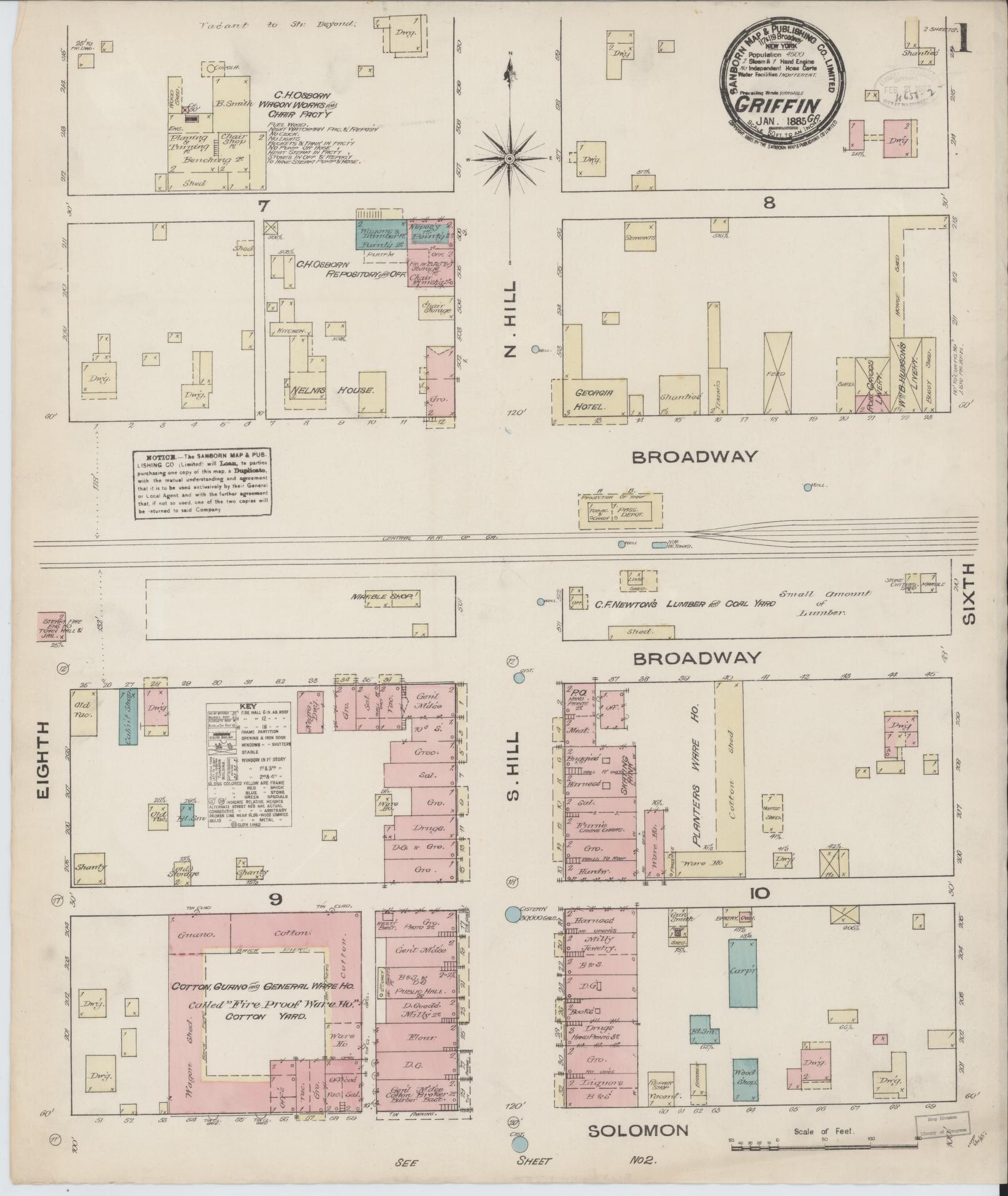 Sanborn Fire Insurance Map from Griffin, Spalding County, Georgia (1885), Sheet #0001 - Complete Map Set gallery image, historic Sanborn map, vintage wall art, Georgia Georgia