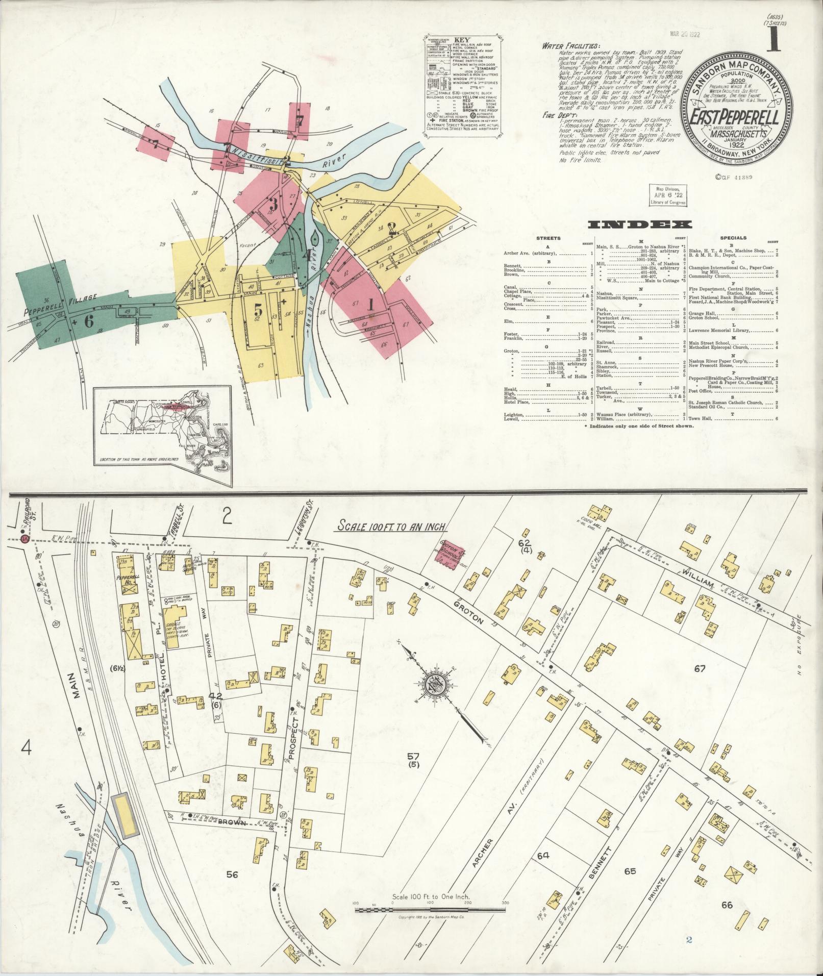 Sanborn Fire Insurance Map from East Pepperell, Middlesex County, Massachusetts (1922), Sheet #0001 - Complete Map Set gallery image, historic Sanborn map, vintage wall art, Massachusetts Massachusetts
