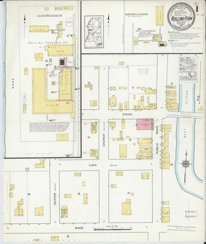 Sanborn Fire Insurance Map from Rolling Fork, Sharkey County, Mississippi (1915), Sheet #0001 - Complete Map Set gallery image, historic Sanborn map, vintage wall art, Mississippi Mississippi