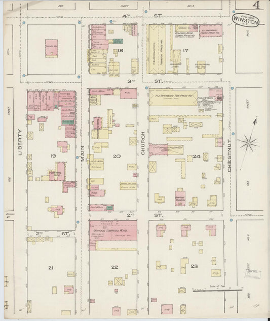 Sanborn Fire Insurance Map from Winston-Salem, Forsyth County, North Carolina (1885), Sheet #0004 - Historic Sanborn Fire Insurance Map Print, vintage old map wall art, antique decor, genealogy gift, North Carolina North Carolina map