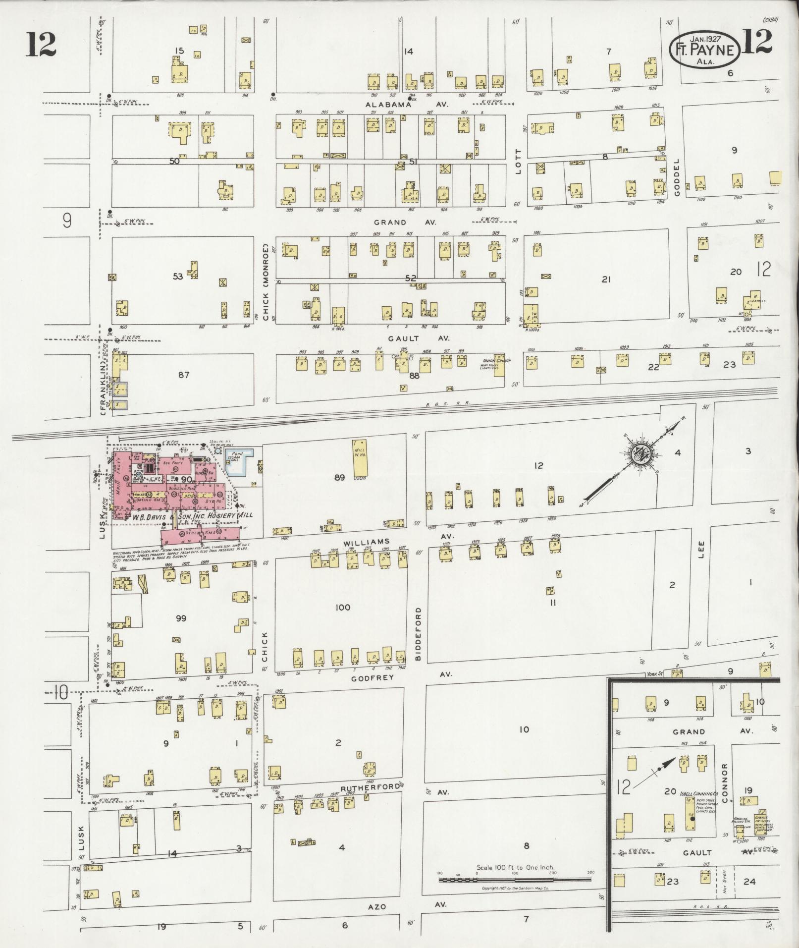 Sanborn Fire Insurance Map from Fort Payne, Dekalb County, Alabama (1927), Sheet #0012 - Historic Sanborn Fire Insurance Map Print, vintage old map wall art, antique decor, genealogy gift, Alabama Alabama map