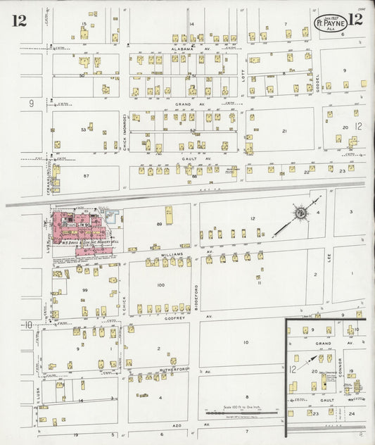 Sanborn Fire Insurance Map from Fort Payne, Dekalb County, Alabama (1927), Sheet #0012 - Historic Sanborn Fire Insurance Map Print, vintage old map wall art, antique decor, genealogy gift, Alabama Alabama map