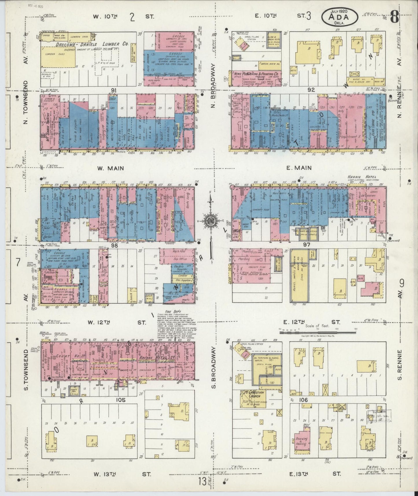 Sanborn Fire Insurance Map from Ada, Pontotoc County, Oklahoma (1920), Sheet #0008 - Complete Map Set gallery image, historic Sanborn map, vintage wall art, Oklahoma Oklahoma