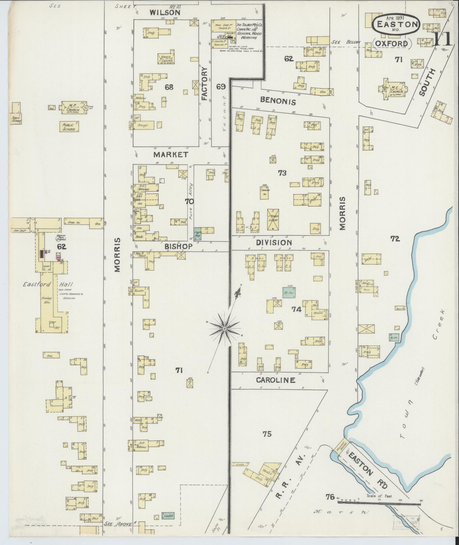 Sanborn Fire Insurance Map from Easton, Talbot County, Maryland (1891), Sheet #0011 - Historic Sanborn Fire Insurance Map Print, vintage old map wall art, antique decor, genealogy gift, Maryland Maryland map