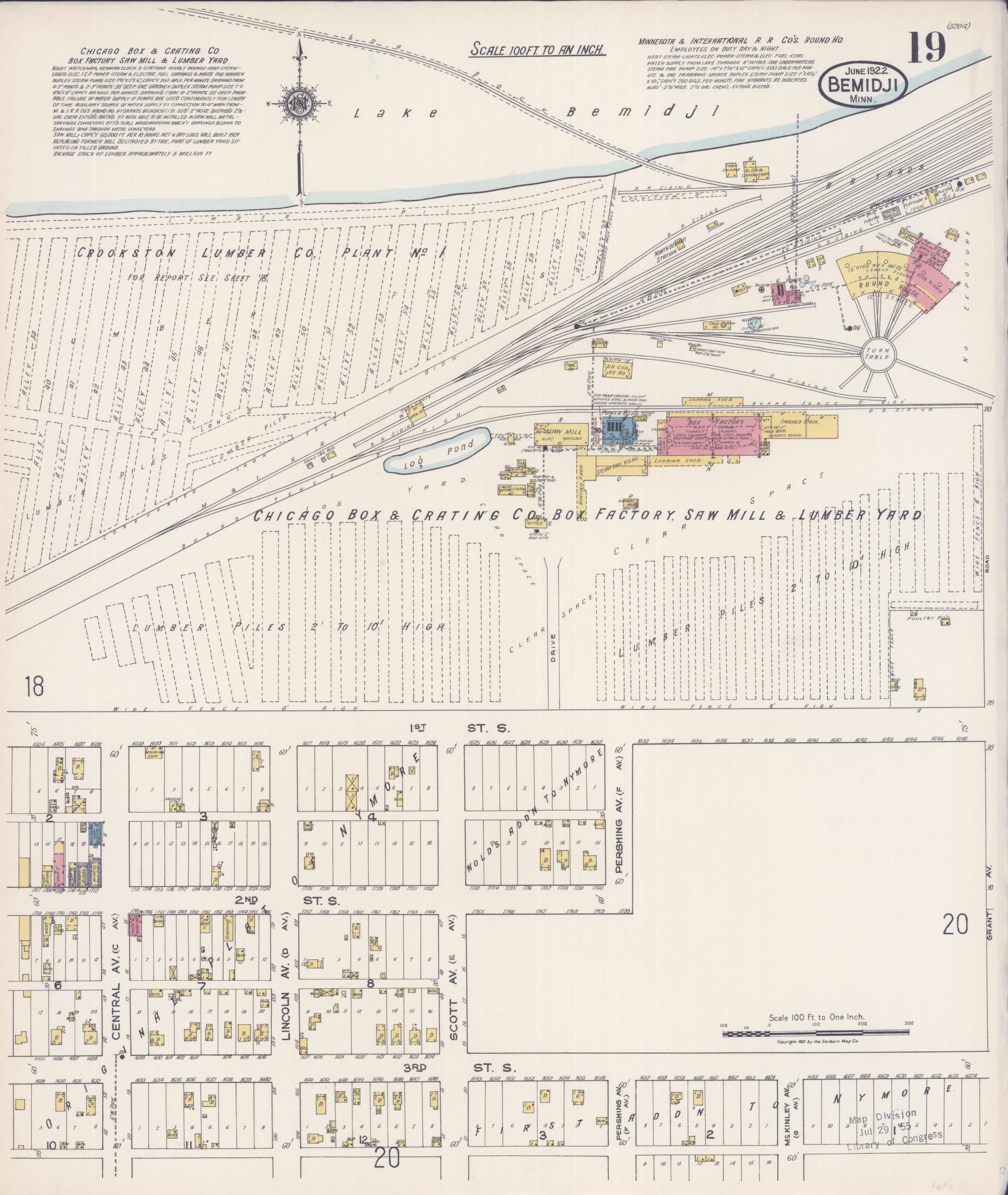 Sanborn Fire Insurance Map from Bemidji, Beltrami County, Minnesota (1922), Sheet #0019 - Historic Sanborn Fire Insurance Map Print, vintage old map wall art, antique decor, genealogy gift, Minnesota Minnesota map