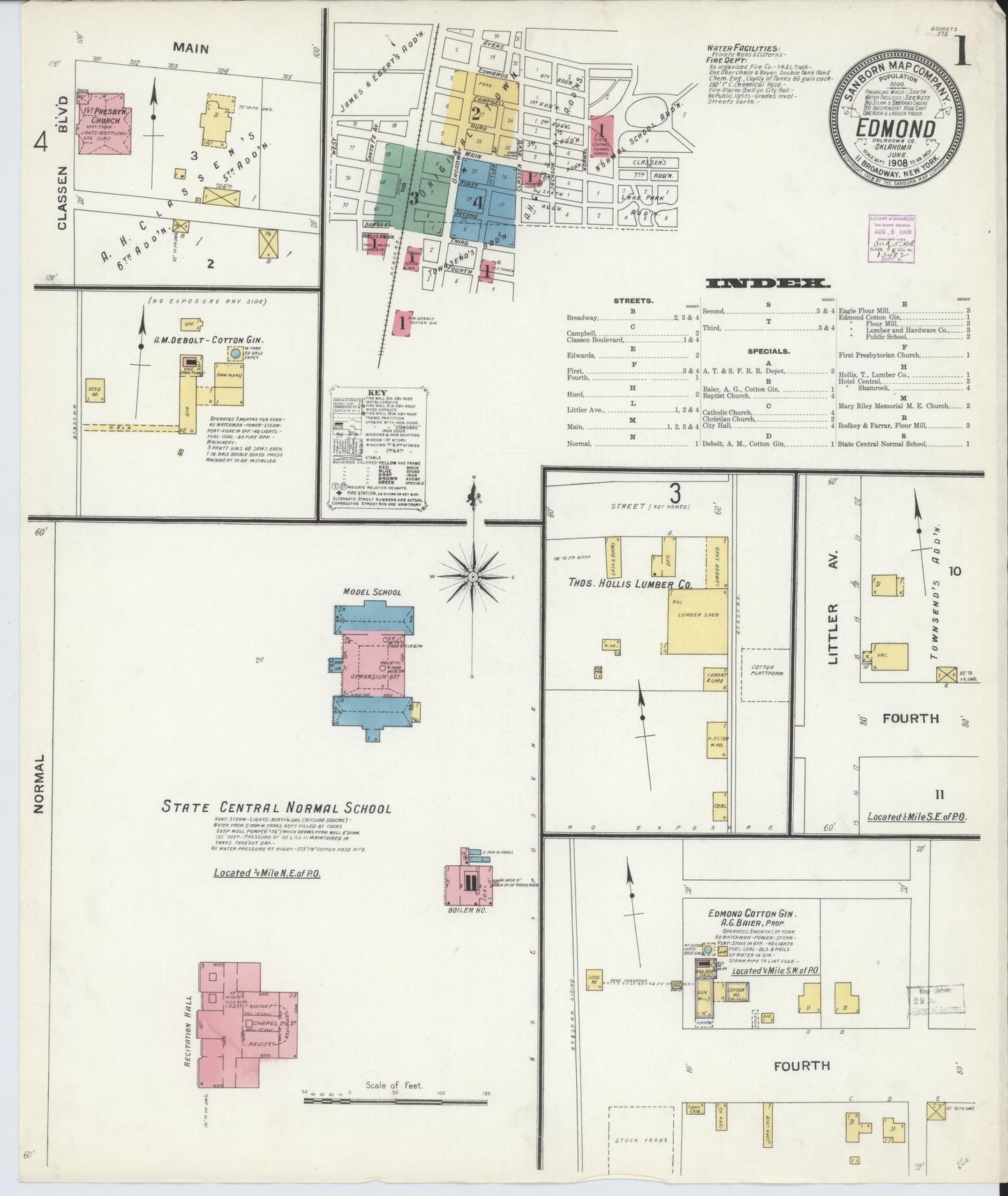 Sanborn Fire Insurance Map from Edmond, Oklahoma County, Oklahoma (1908), Sheet #0001 - Complete Map Set gallery image, historic Sanborn map, vintage wall art, Edmond Oklahoma
