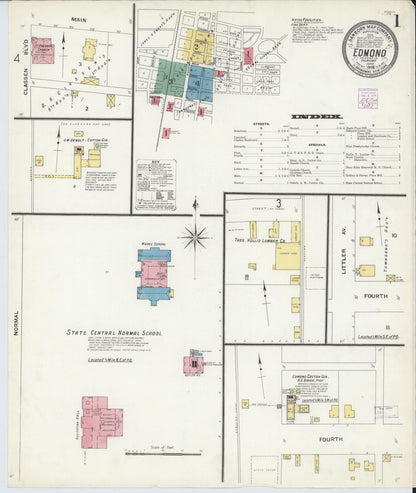 Sanborn Fire Insurance Map from Edmond, Oklahoma County, Oklahoma (1908), Sheet #0001 - Complete Map Set gallery image, historic Sanborn map, vintage wall art, Edmond Oklahoma