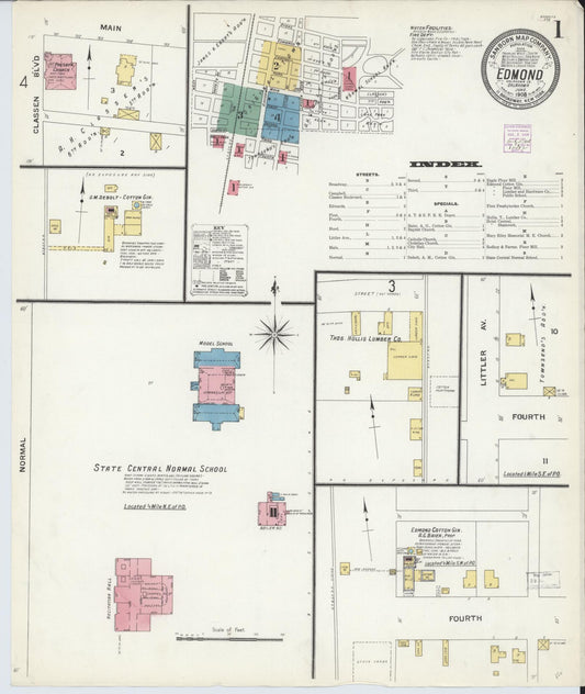 Sanborn Fire Insurance Map from Edmond, Oklahoma County, Oklahoma (1908), Sheet #0001 - Complete Map Set gallery image, historic Sanborn map, vintage wall art, Edmond Oklahoma