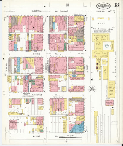 Sanborn Fire Insurance Map from Albuquerque, Bernalillo County, New Mexico (1908), Sheet #0013 - Complete Map Set gallery image, historic Sanborn map, vintage wall art, New Mexico New Mexico
