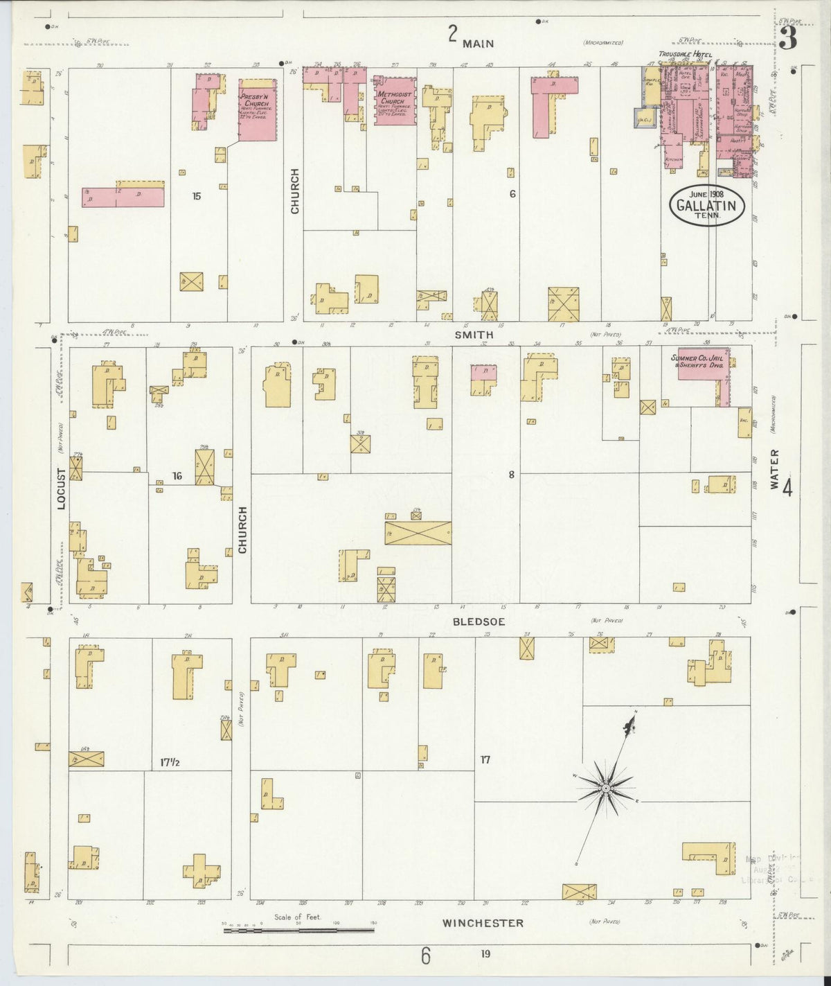Sanborn Fire Insurance Map from Gallatin, Sumner County, Tennessee (1908), Sheet #0003 - Historic Sanborn Fire Insurance Map Print, vintage old map wall art, antique decor, genealogy gift, Tennessee Tennessee map