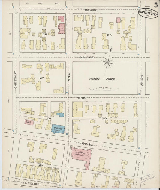 Sanborn Fire Insurance Map from Manchester, Hillsborough County, New Hampshire (1885), Sheet #0005 - Historic Sanborn Fire Insurance Map Print, vintage old map wall art, antique decor, genealogy gift, New Hampshire New Hampshire map