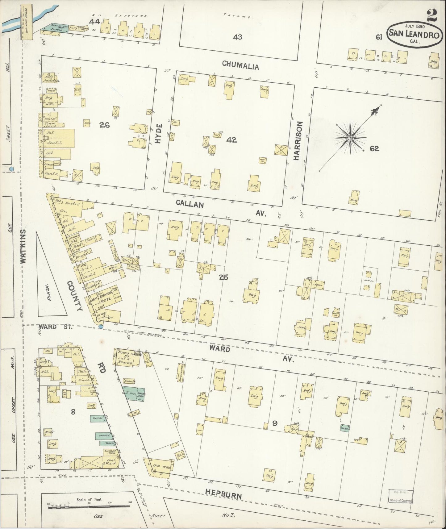 Sanborn Fire Insurance Map from San Leandro, Alameda County, California (1890), Sheet #0002 - Complete Map Set gallery image, historic Sanborn map, vintage wall art, California California