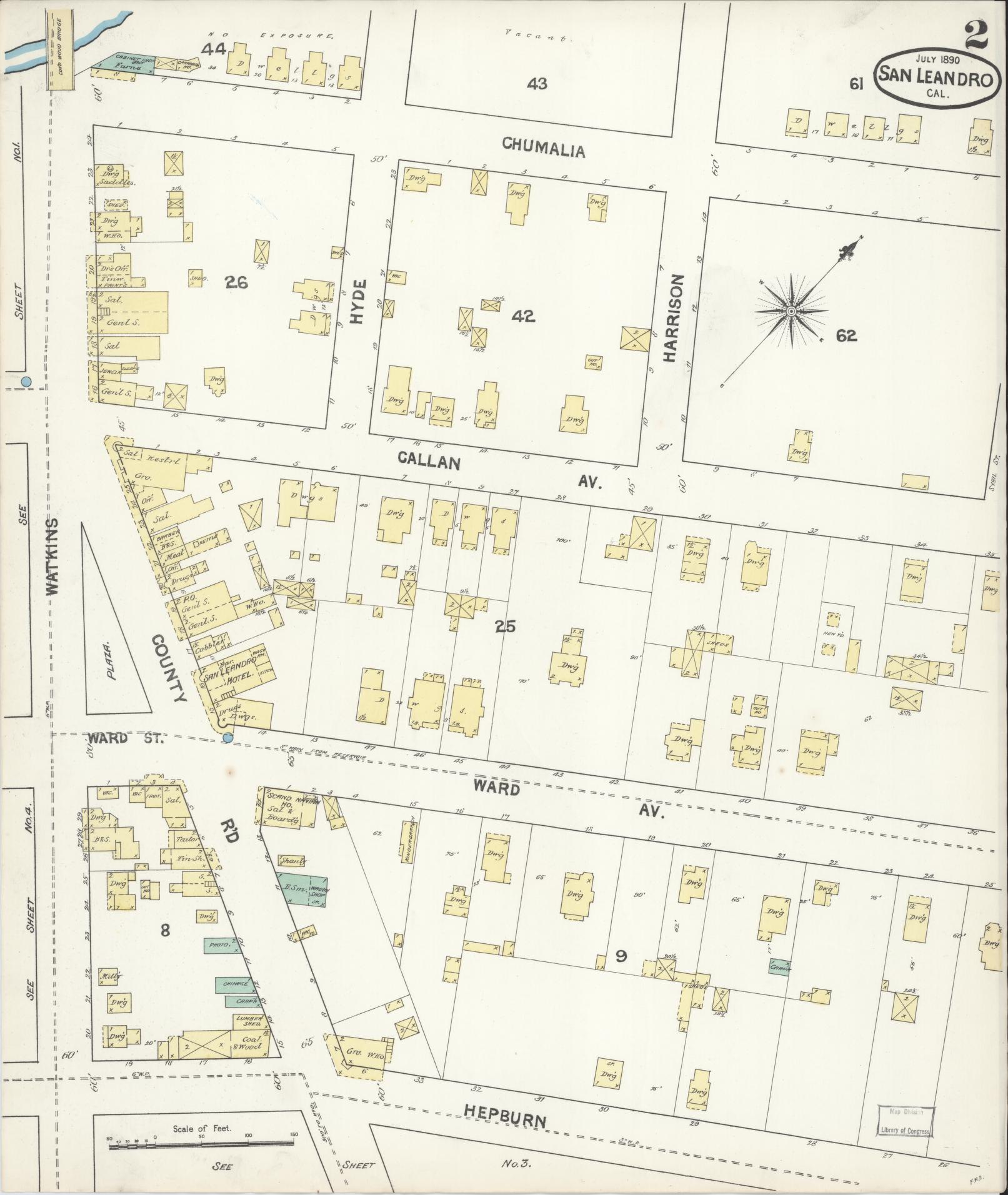 Sanborn Fire Insurance Map from San Leandro, Alameda County, California (1890), Sheet #0002 - Complete Map Set gallery image, historic Sanborn map, vintage wall art, California California