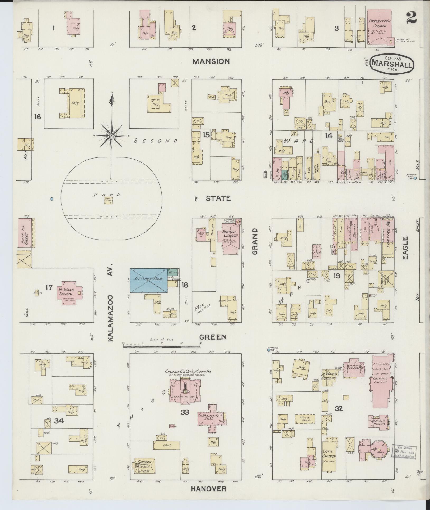 Sanborn Fire Insurance Map from Marshall, Calhoun County, Michigan (1888), Sheet #0002 - Historic Sanborn Fire Insurance Map Print, vintage old map wall art, antique decor, genealogy gift, Michigan Michigan map