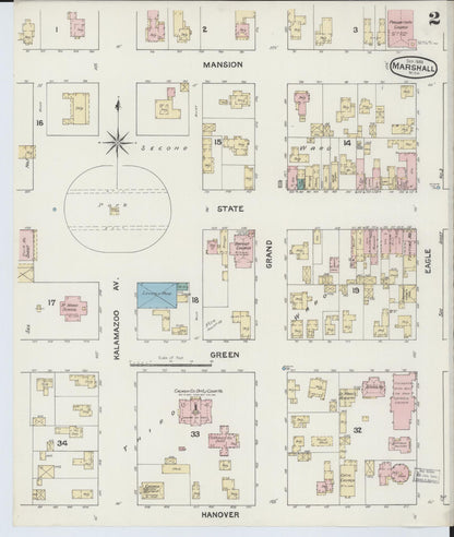 Sanborn Fire Insurance Map from Marshall, Calhoun County, Michigan (1888), Sheet #0002 - Historic Sanborn Fire Insurance Map Print, vintage old map wall art, antique decor, genealogy gift, Michigan Michigan map