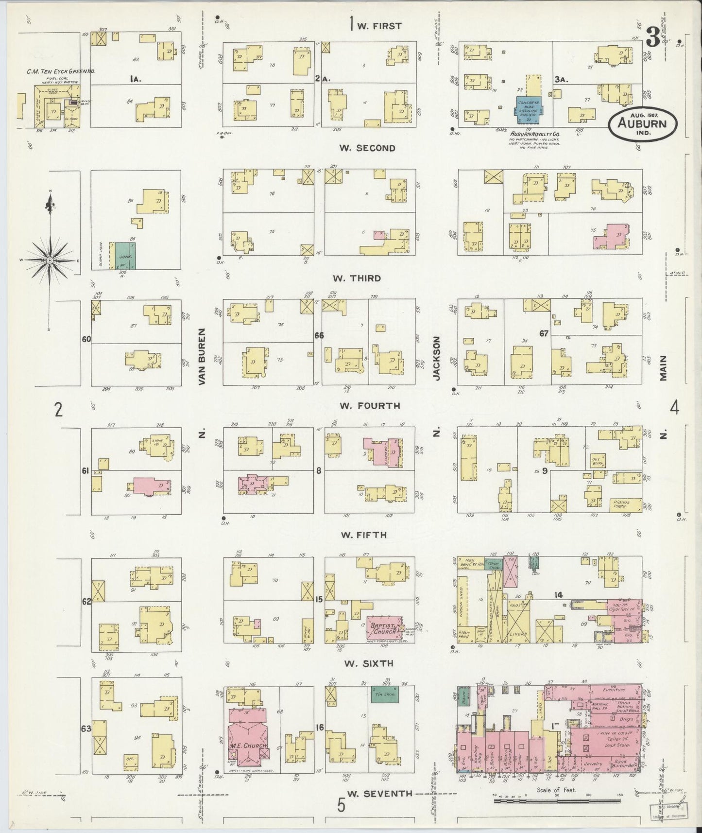 Sanborn Fire Insurance Map from Auburn, De Kalb County, Indiana (1907), Sheet #0003 - Historic Sanborn Fire Insurance Map Print, vintage old map wall art, antique decor, genealogy gift, Indiana Indiana map