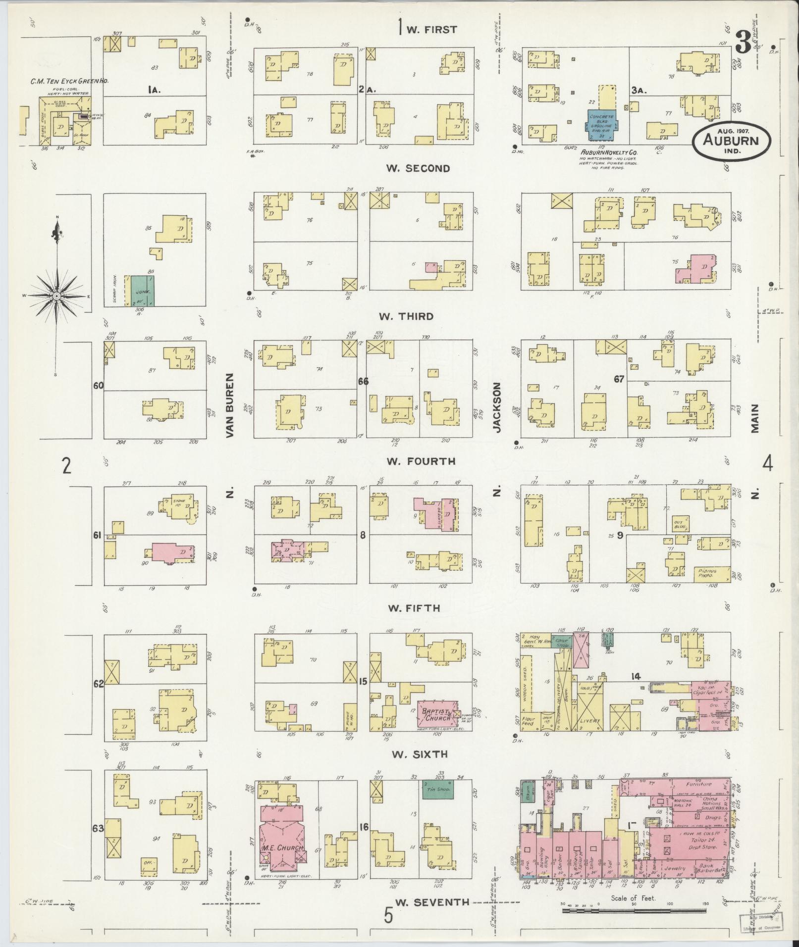 Sanborn Fire Insurance Map from Auburn, De Kalb County, Indiana (1907), Sheet #0003 - Historic Sanborn Fire Insurance Map Print, vintage old map wall art, antique decor, genealogy gift, Indiana Indiana map