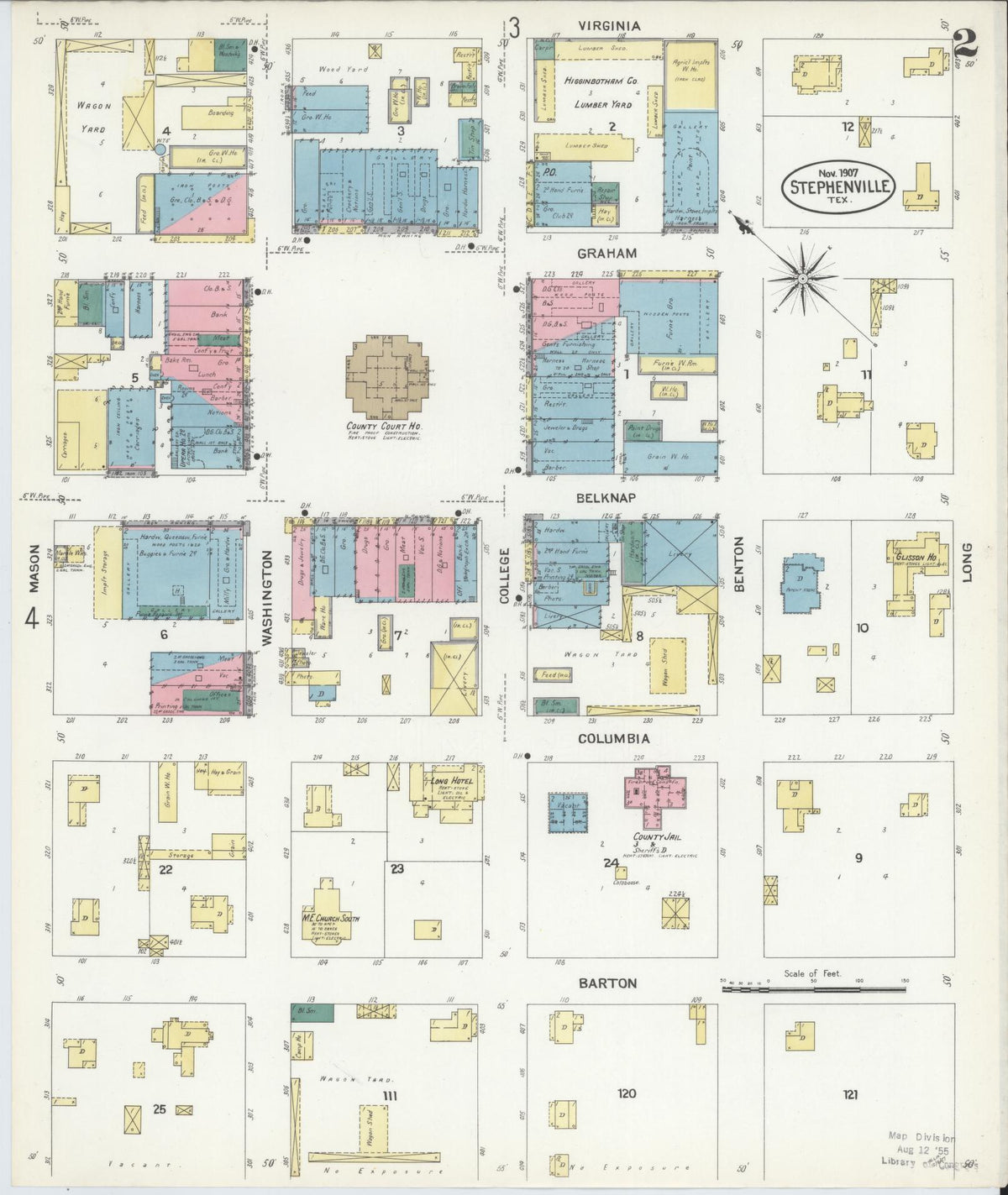 Sanborn Fire Insurance Map from Stephenville, Erath County, Texas (1907), Sheet #0002 - Historic Sanborn Fire Insurance Map Print, vintage old map wall art, antique decor, genealogy gift, Texas Texas map